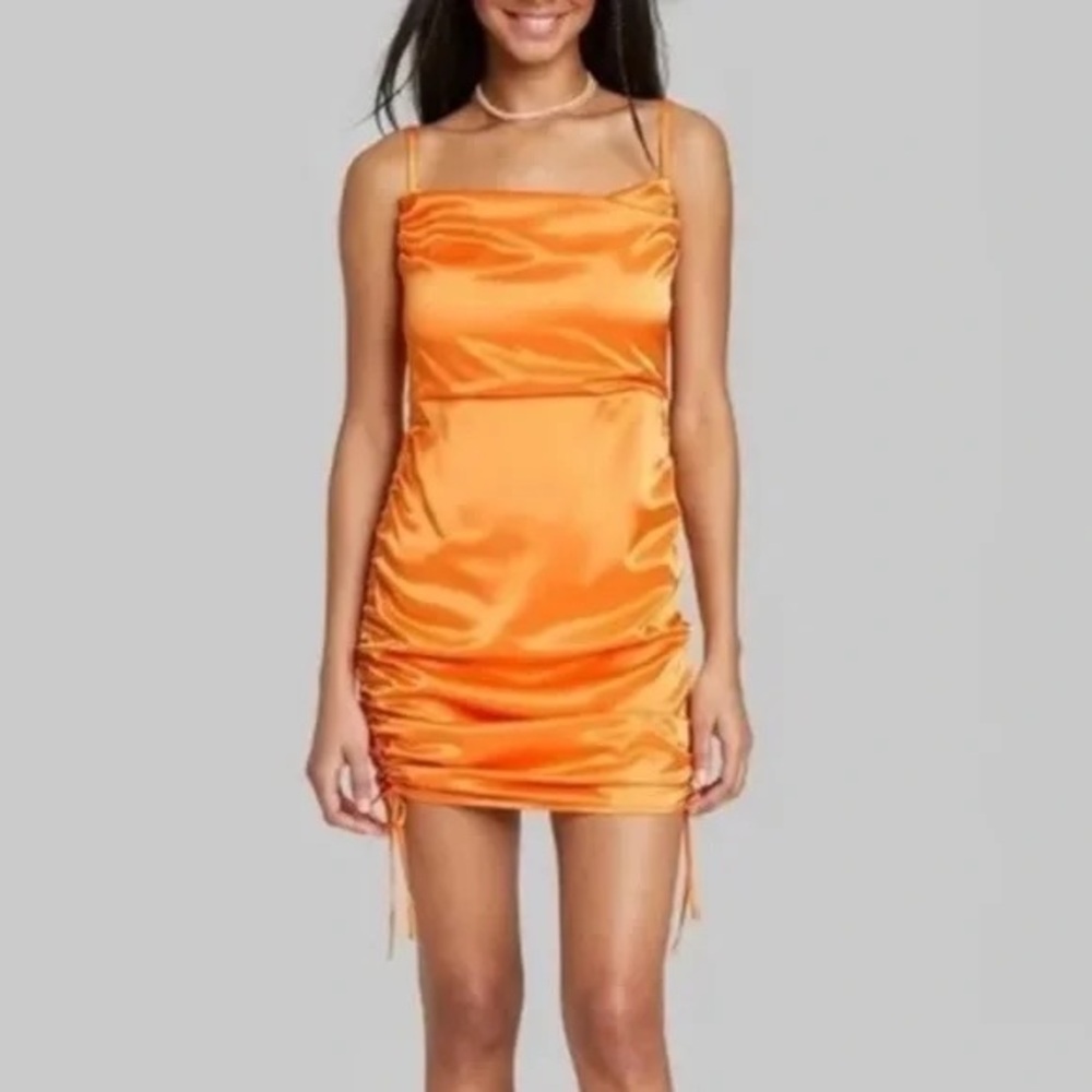 NWT WILD FABLE Women's Orange SATIN DRESS MEDIUM Mini Ruched Bodycon